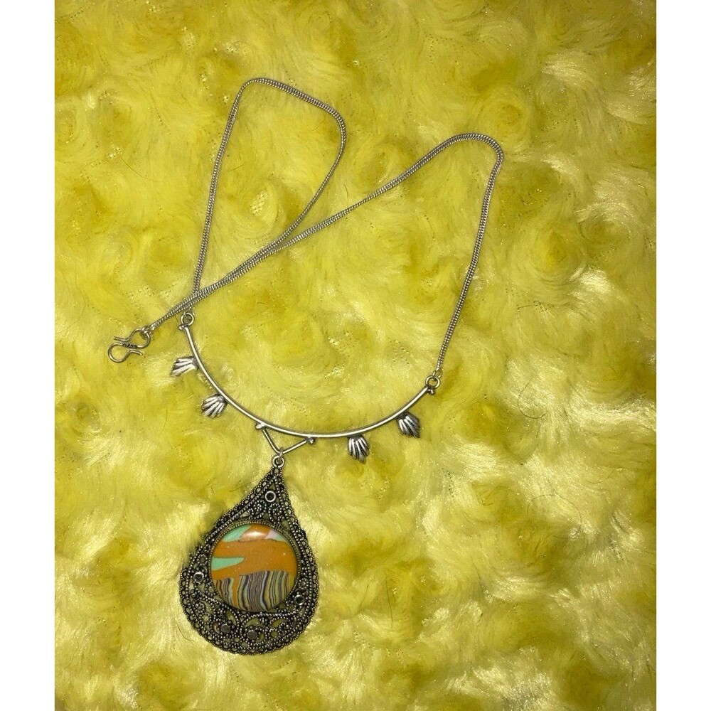 Handmade Gemstone Necklace Stamped 925 Silver Yellow Mosaic Jasper Womens Gifts